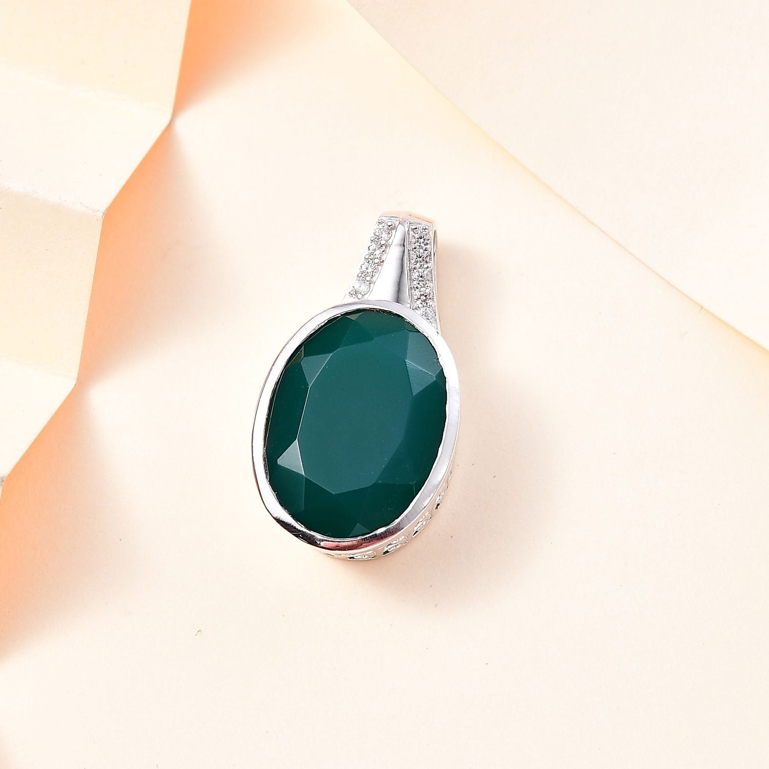 Verde Onyx, Weißer Zirkon Anhänger 925 Silber platiniert ca. 14,58 ct.