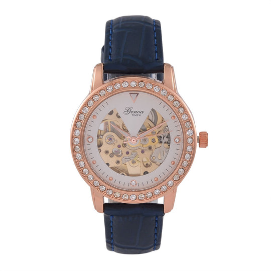 GENOA TIME V2 Automatik-Uhr mit Mechanischem Uhrwerk, Roségoldfarbenem Gehäuse und Blauem Lederarmband