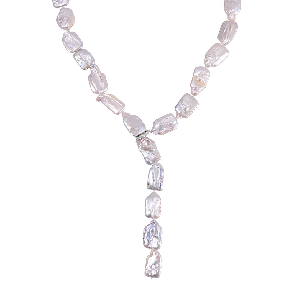Weiße Keshi Perle, Weißer Zirkon Halskette ca. 70 cm 925 Silber rhodiniert