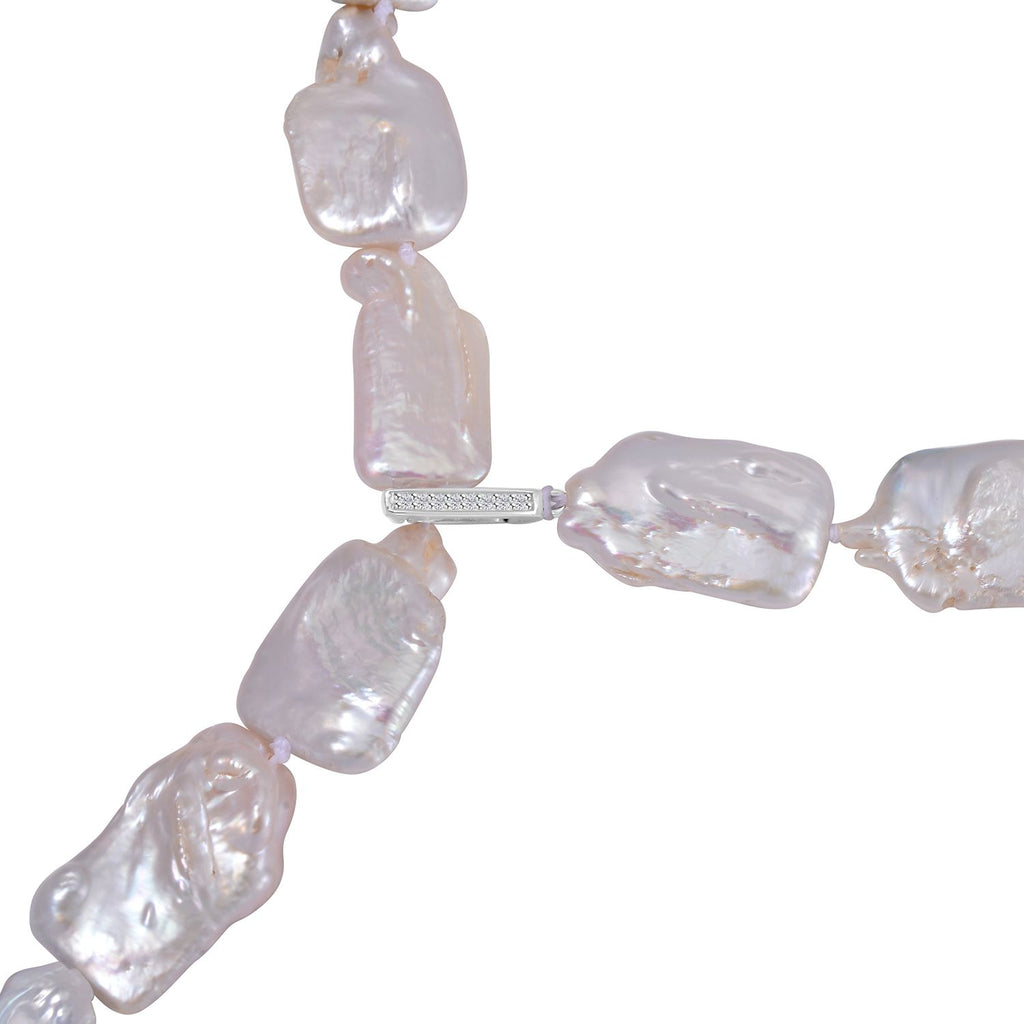 Weiße Keshi Perle, Weißer Zirkon Halskette ca. 70 cm 925 Silber rhodiniert