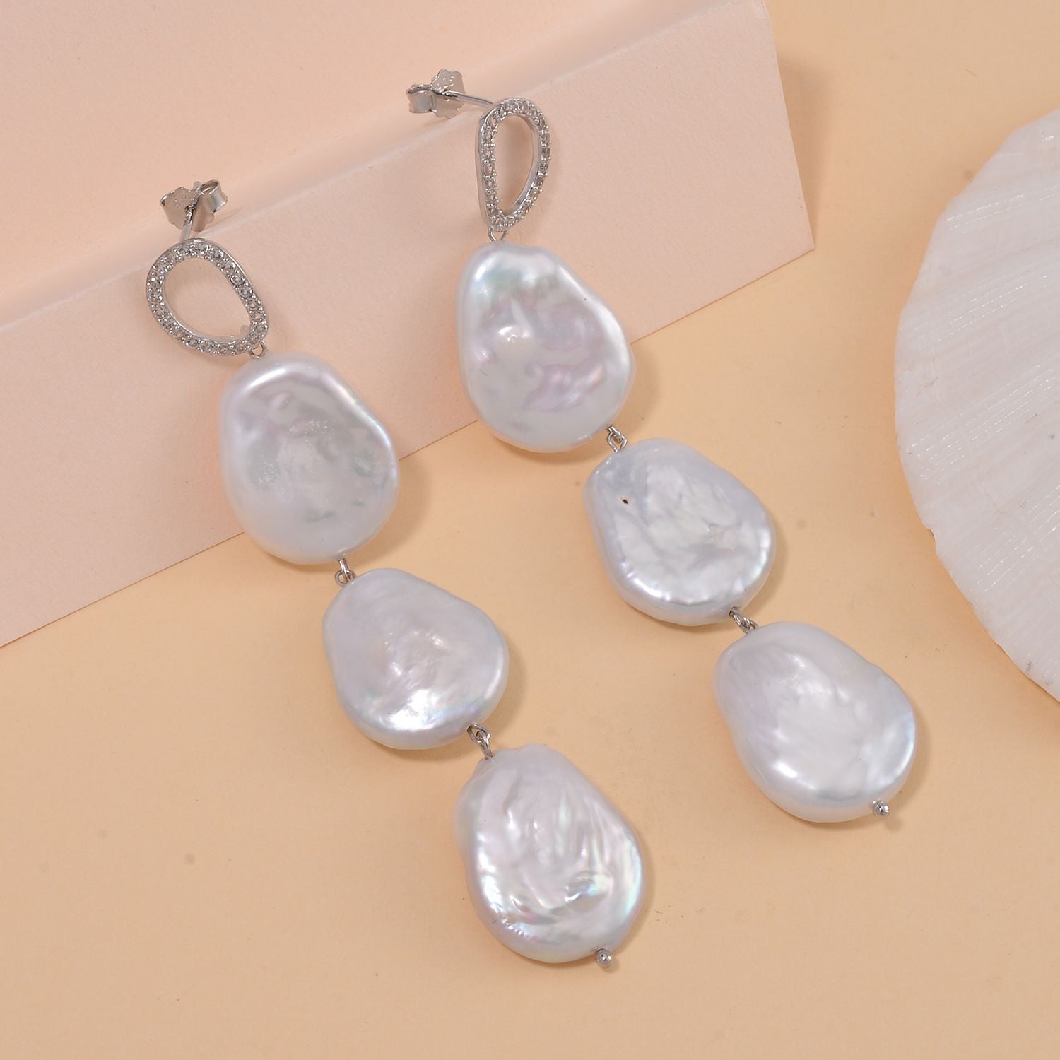Weiße Keshi Perle, Weißer Zirkon Ohrringe 925 Silber rhodiniert