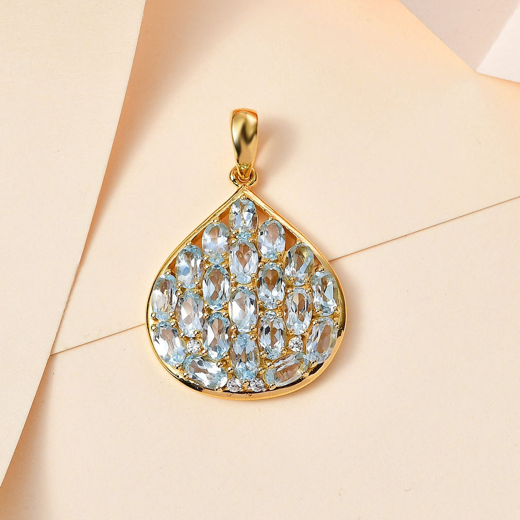 Blau Topas, Weißer Zirkon Anhänger 925 Silber 750 Gelb Vermeil ca. 5.98 ct