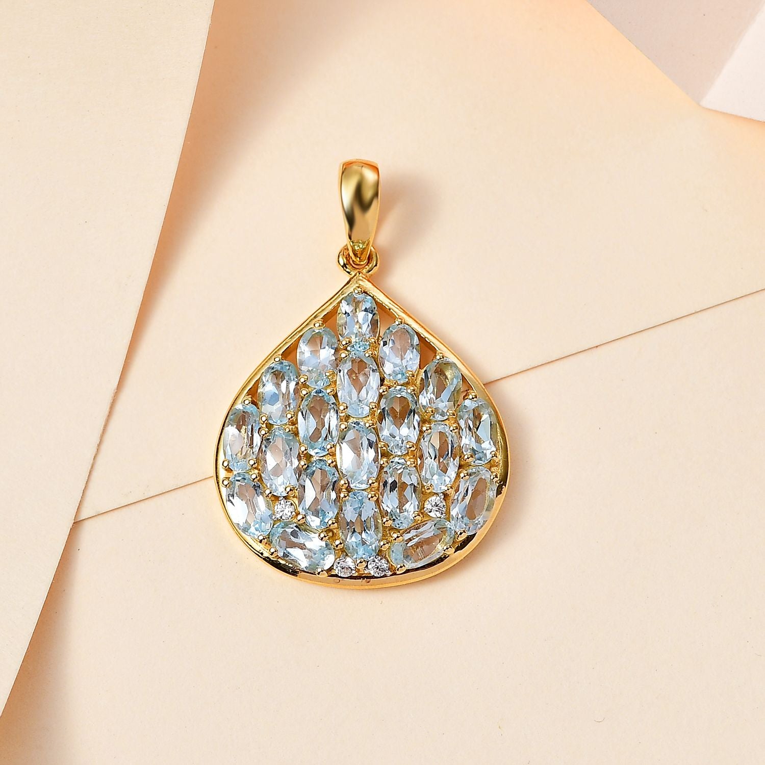 Blau Topas, Weißer Zirkon Anhänger 925 Silber 750 Gelb Vermeil ca. 5.98 ct