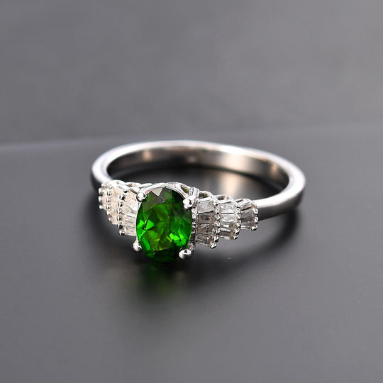 Natürlicher Chromdiopsid, Weißer Diamant Ring 925 Silber rhodiniert (Größe 18.00) ca. 1,05 ct