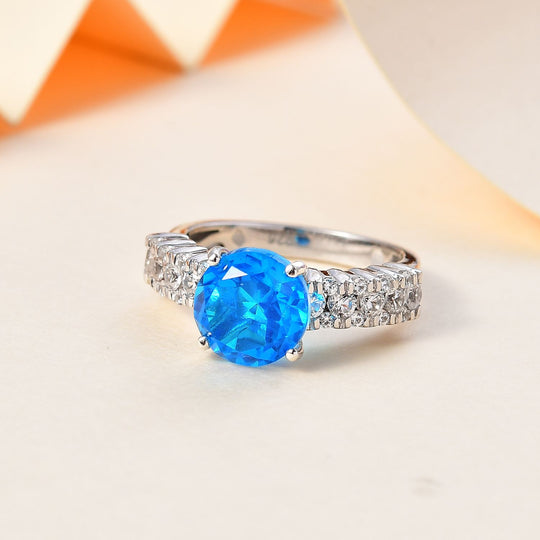Karibik Quarz, Weißer Zirkon Ring 925 Silber rhodiniert (Größe 19.00) ca. 3,94 ct