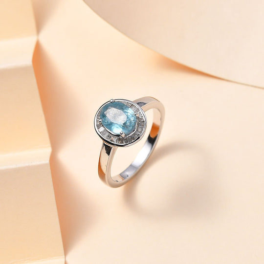 JCK Vegas Exklusive Kollektion - AA Aqua Kyanit, Weißer Diamant Ring 925 Silber rhodiniert ca. 1.65 ct