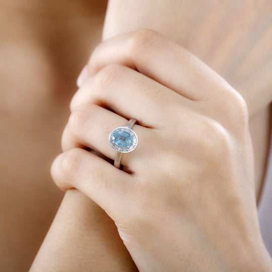JCK Vegas Exklusive Kollektion - AA Aqua Kyanit, Weißer Diamant Ring 925 Silber rhodiniert ca. 1.65 ct