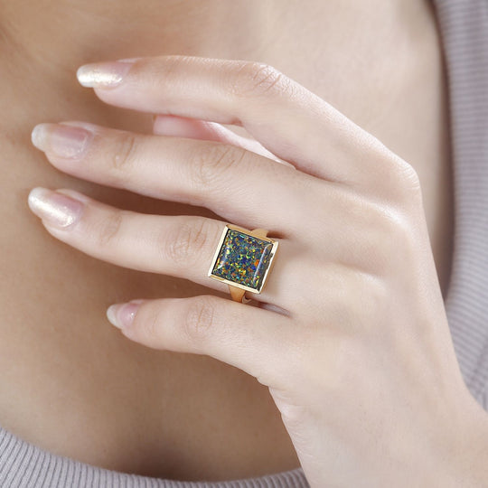 Lab Grown schwarzen Opal Ring, 925 Silber 750 Gelbgold Vermeil (Größe 18.00) ca. 3.05 ct