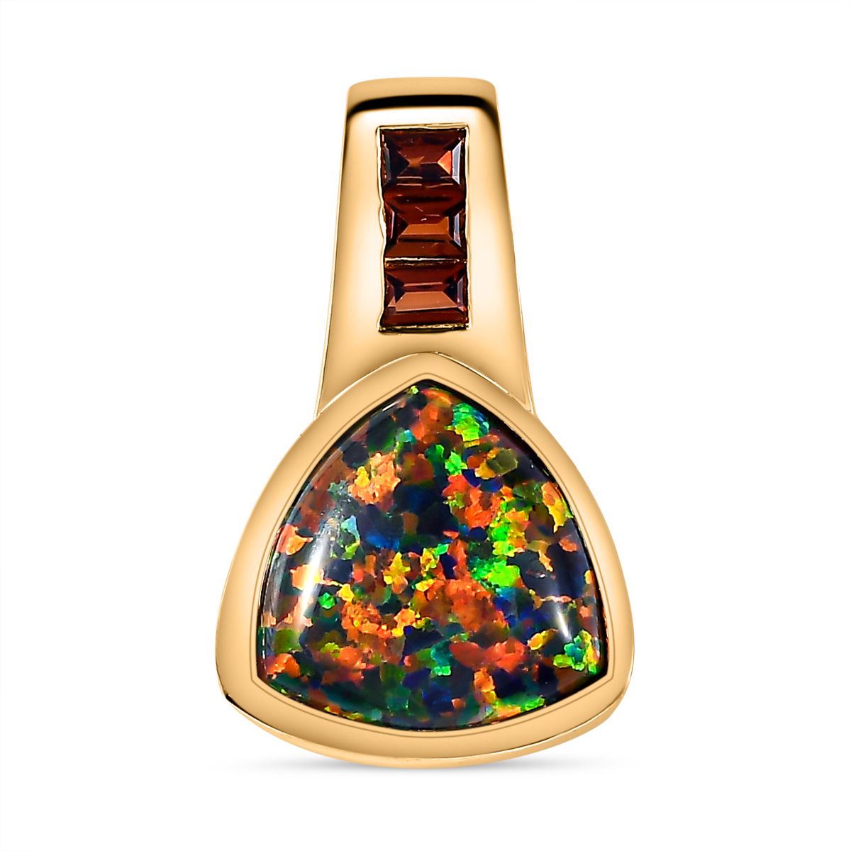 Labor erstellt schwarzen Opal, Roter Granat Anhänger 925 Silber 750 Gelbgold Vermeil ca. 2,03 ct.