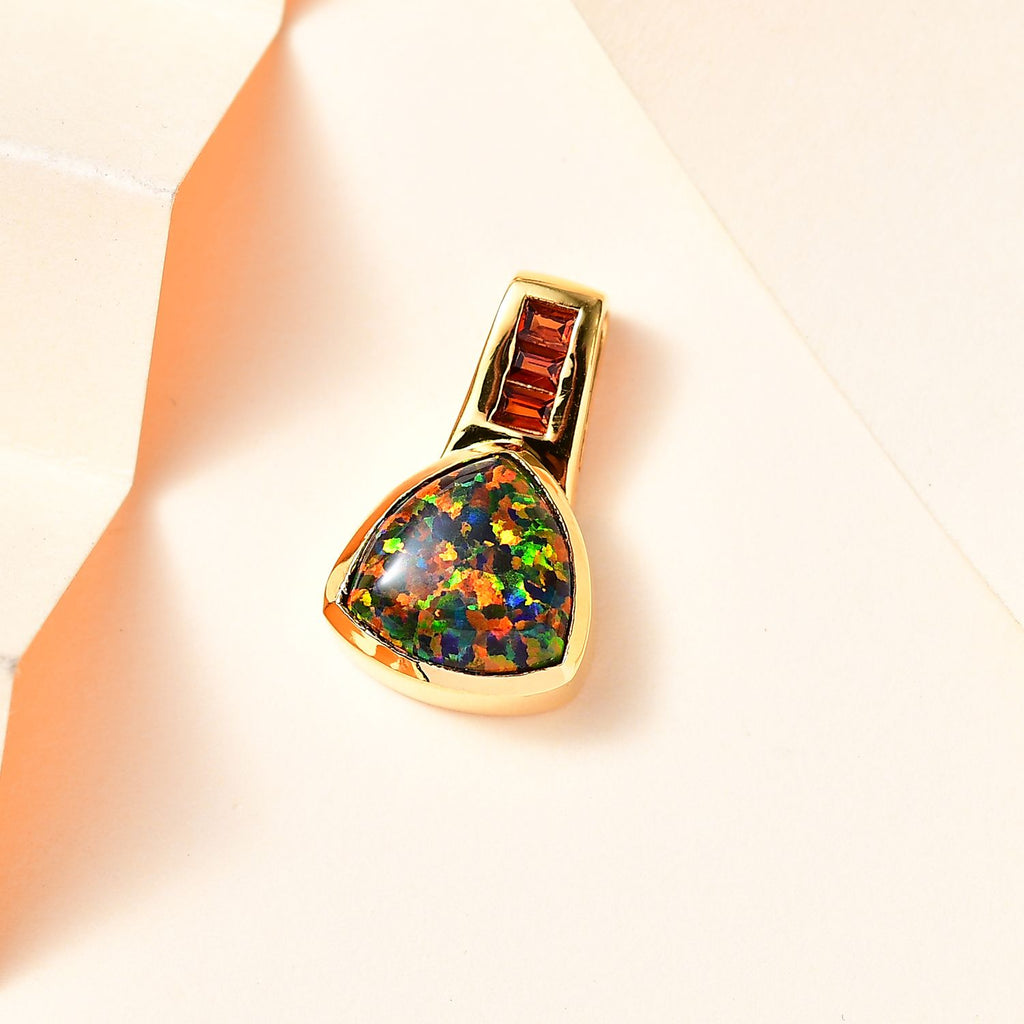 Labor erstellt schwarzen Opal, Roter Granat Anhänger 925 Silber 750 Gelbgold Vermeil ca. 2,03 ct.