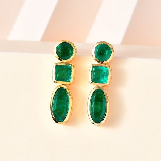 Smaragd-Triplette-Quarz Ohrringe 925 Silber 750 Gelb Vermeil ca. 9,48 ct.
