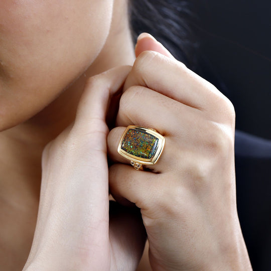 Lab Grown schwarzen Opal, Weißer Zirkon Ring, 925 Silber 750 Gelbgold Vermeil (Größe 17.00) ca. 5.73 ct