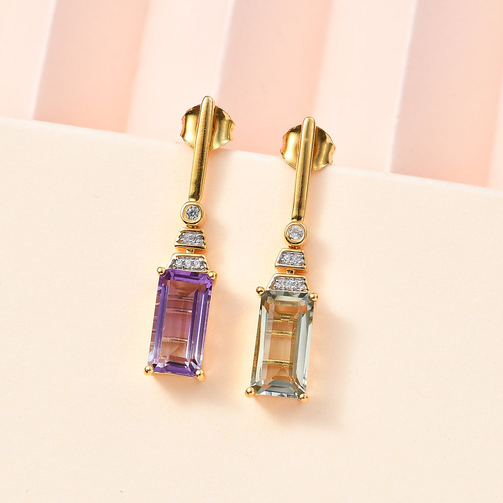 Prasiolite, Rose De France Amethyst Ohrringe 925 Silber 750 Gelbgold Vermeil ca. 5,33 ct.