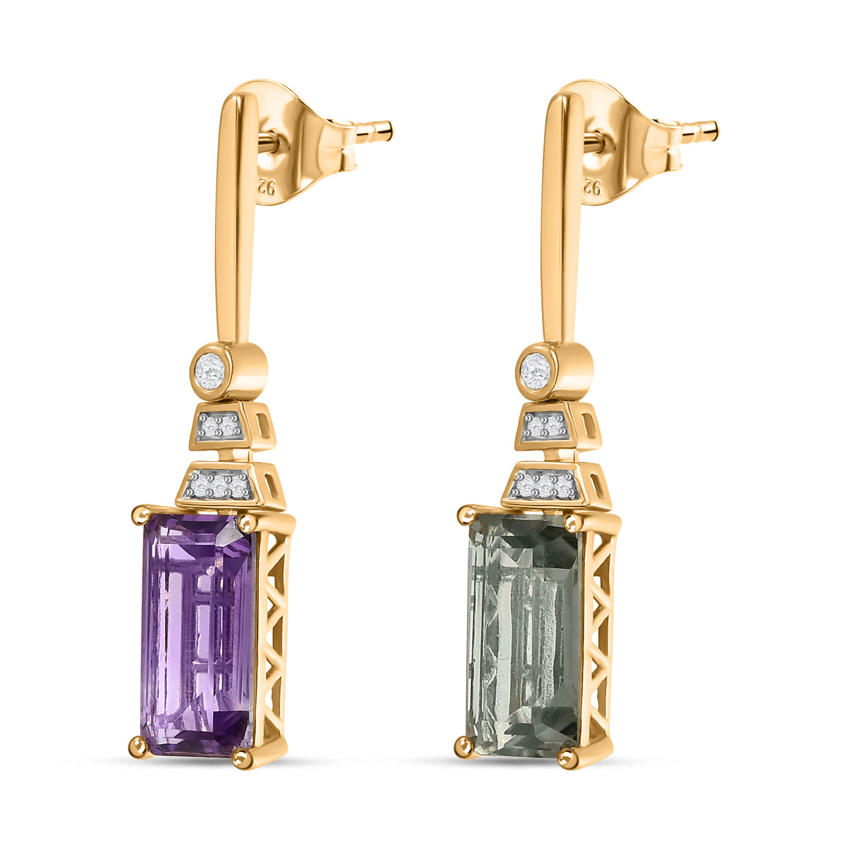 Prasiolite, Rose De France Amethyst Ohrringe 925 Silber 750 Gelbgold Vermeil ca. 5,33 ct.