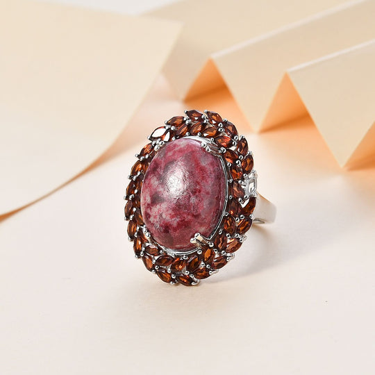 AA Thulit, Roter Granat Ring, 925 Silber rhodiniert (Größe 21.00) ca. 23.69 ct