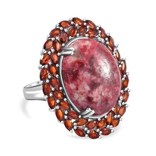 AA Thulit, Roter Granat Ring, 925 Silber rhodiniert (Größe 21.00) ca. 23.69 ct