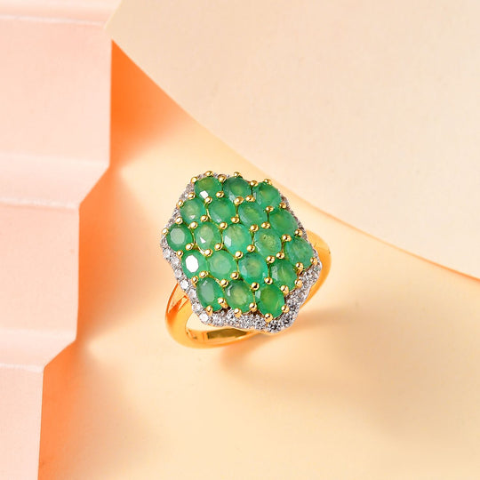 Kagem Sambischer Smaragd, Weißer Zirkon Ring 925 Silber 750 Gelbgold Vermeil (Größe 20.00) ca. 3,80 ct