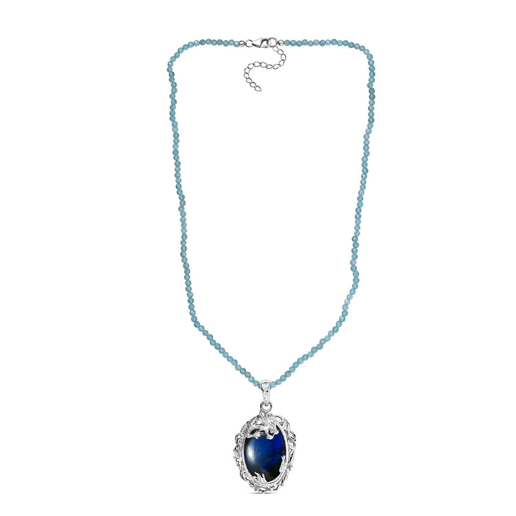 AAA Labradorit, Apatit Halskette ca. 45 cm 925 Silber rhodiniert ca. 72.70 ct