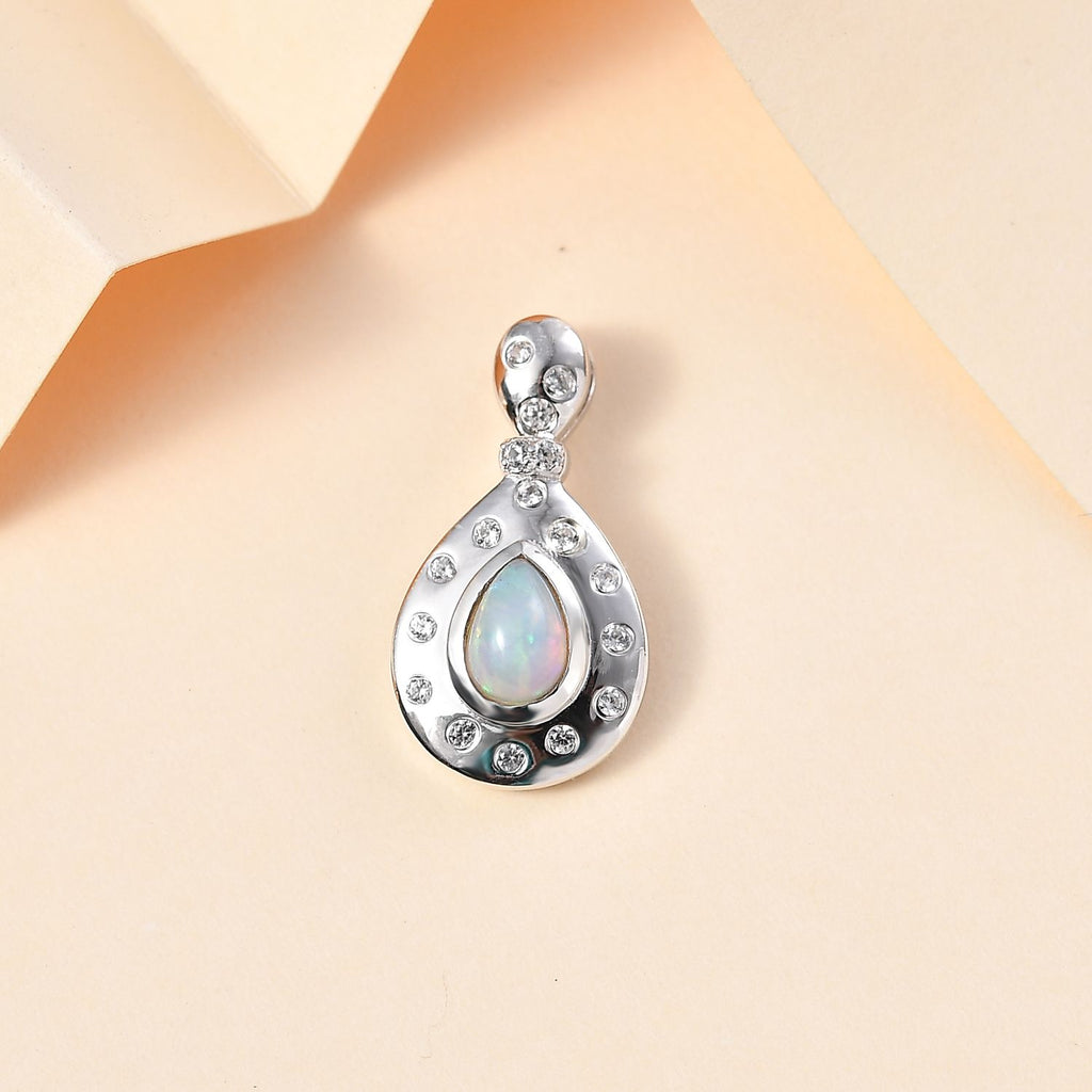 AA Natürlicher, äthiopischer Welo Opal, Weißer Zirkon Anhänger 925 Silber rhodiniert ca. 0.59 ct