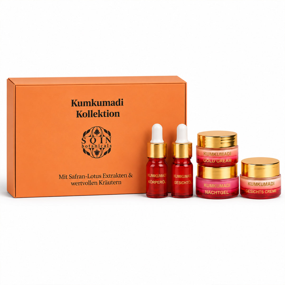 SQIN Botanicals - Discovery Set - Kumkumadi: Gesichtsöl, Nachtgel, Gesichtscreme, Gesichtsserum, Cold Cream, je 5ml (gesamt 25ml)