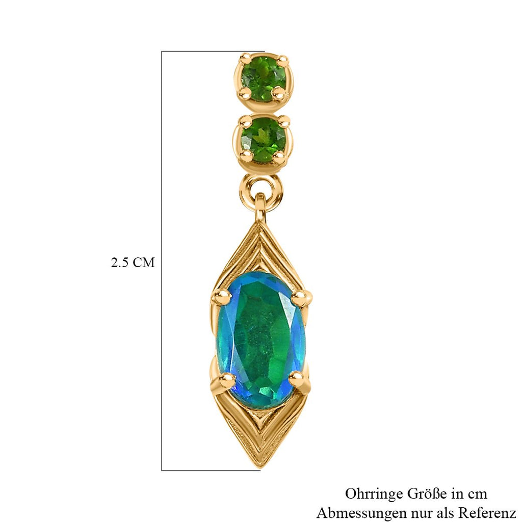 Pfau Quarz Triplette, Natürlicher Chromdiopsid Ohrringe 925 Silber 750 Gelbgold Vermeil ca. 2.50 ct