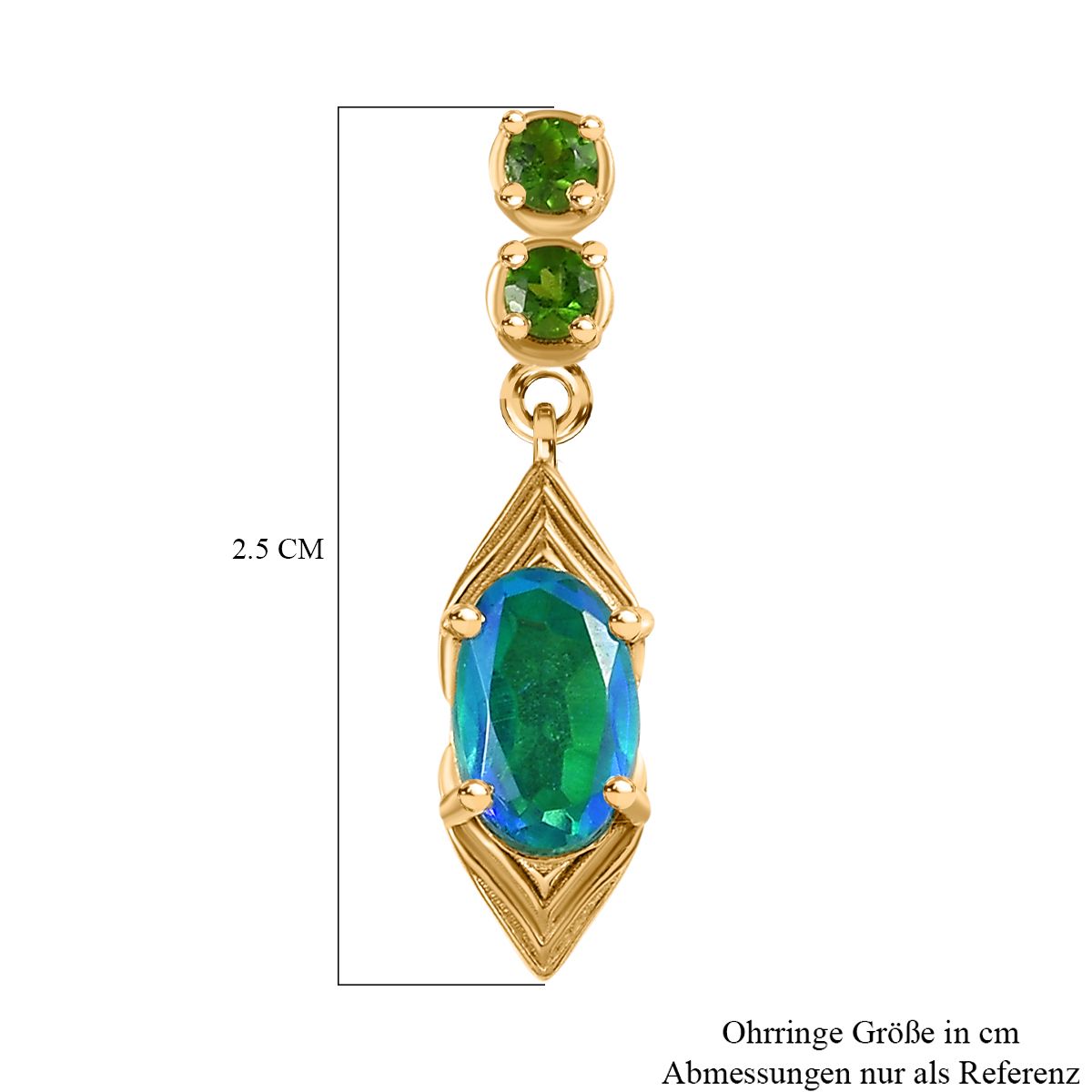 Pfau Quarz Triplette, Natürlicher Chromdiopsid Ohrringe 925 Silber 750 Gelbgold Vermeil ca. 2.50 ct