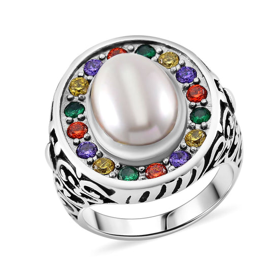 Weißer Muschelkernperle und mehrfarbiger Zirkonia Ring, Edelstahl