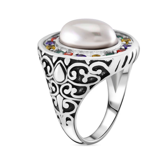 Weißer Muschelkernperle und mehrfarbiger Zirkonia Ring, Edelstahl