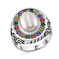 Mehrfarbiger Zirkonia, Weiße Muschelkernperle Ring Reiner Edelstahl (Größe 16.00)