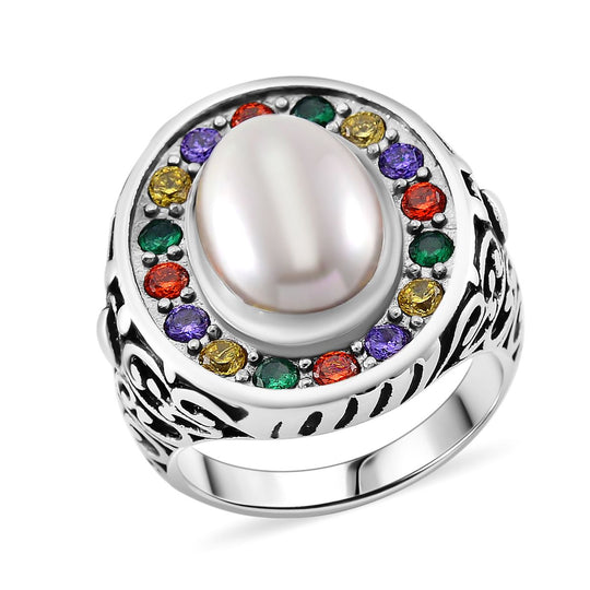 Weißer Muschelkernperle und mehrfarbiger Zirkonia Ring, Edelstahl