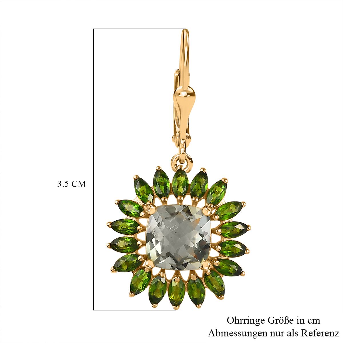 Prasiolite, Natürlicher Chromdiopsid Ohrringe 925 Silber 750 Gelbgold Vermeil ca. 7,83 ct.