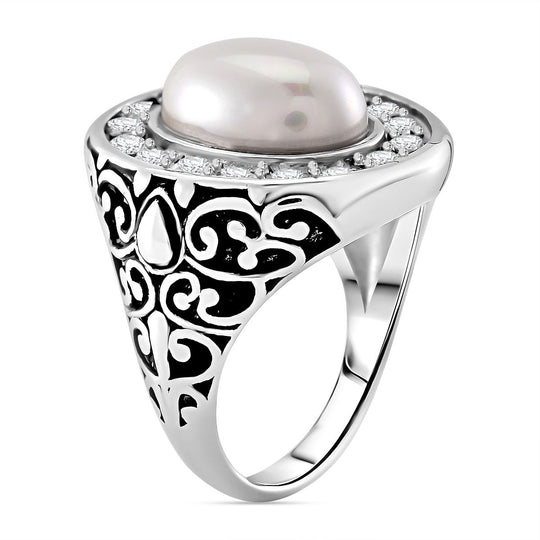Weißer Muschelkernperle und weißer Zirkonia Ring, Edelstahl