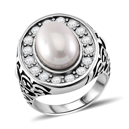 Weißer Muschelkernperle und weißer Zirkonia Ring, Edelstahl