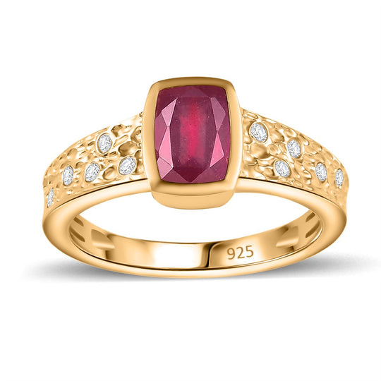 Afrikanischer Rubin (Fissure gefüllt), Weißer Zirkon Ring 925 Silber 750 Gelbgold Vermeil (Größe 20.00) ca. 1,45 ct