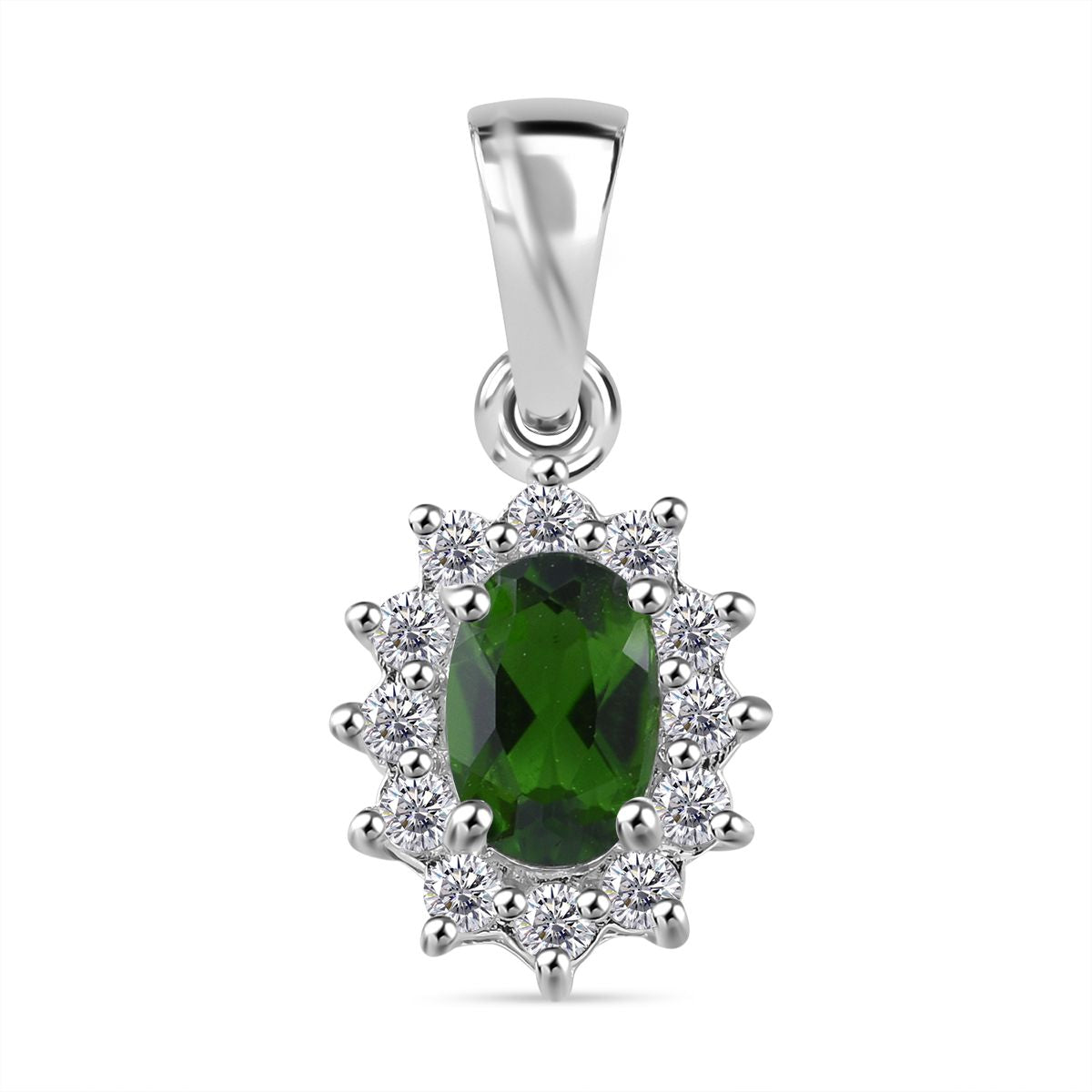 Natürlicher Chromdiopsid, Weißer Zirkon Anhänger 925 Silber rhodiniert ca. 0.78 ct