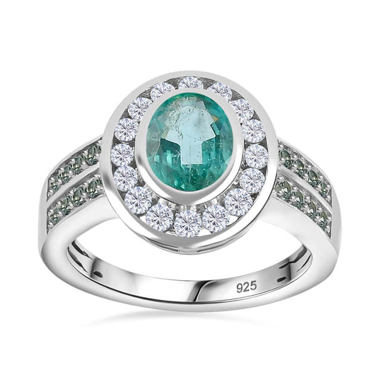 Smaragd, Moissanit Ring, 925 Silber rhodiniert (Größe 20.00) ca. 1.91 ct