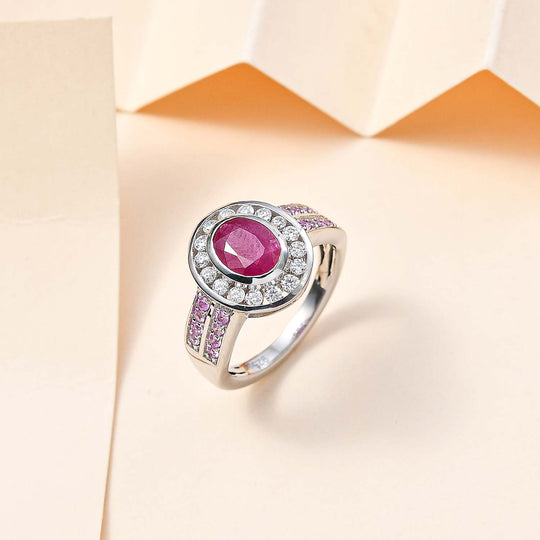 Montepuez-Rubin, Moissanit Ring, 925 Silber rhodiniert (Größe 18.00) ca. 2.19 ct