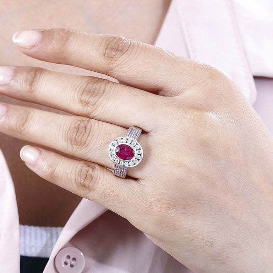 Montepuez-Rubin, Moissanit Ring, 925 Silber rhodiniert (Größe 18.00) ca. 2.19 ct