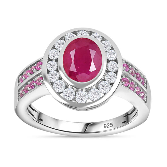 Montepuez-Rubin, Moissanit Ring, 925 Silber rhodiniert (Größe 18.00) ca. 2.19 ct
