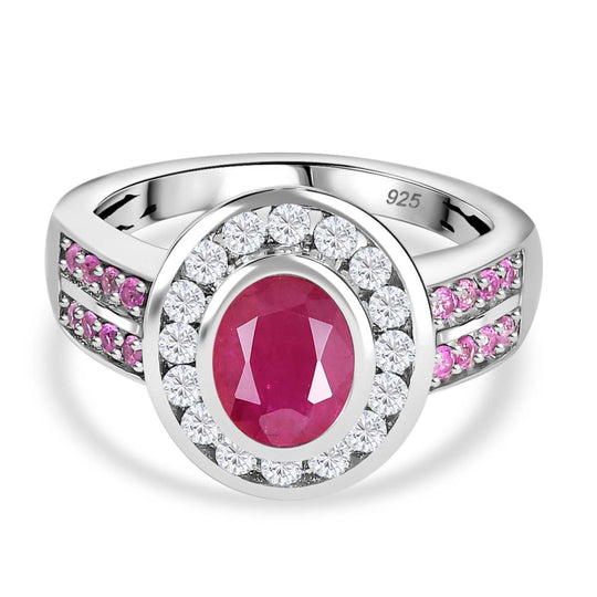 Montepuez-Rubin, Moissanit Ring, 925 Silber rhodiniert (Größe 18.00) ca. 2.19 ct