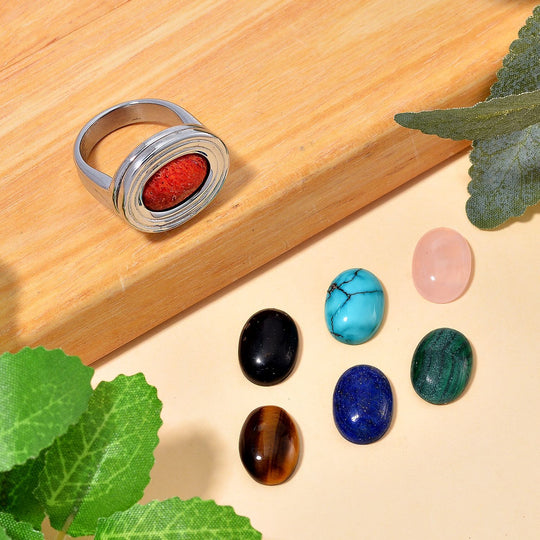 Blauer Howlit, Gelbes Tigerauge, Lapislazuli, Malachit, Rosenquarz, Schwammkoralle und Shungit (Ovl 14x10mm) Austauschbaren Ring aus reinem 316L Edelstahl (Größe 17.00), ca. 28.00 ct