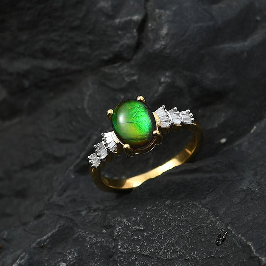 Ammolit, Weißer Diamant Ring 925 Silber 750 Gelbgold Vermeil (Größe 20.00) ca. 1,82 ct