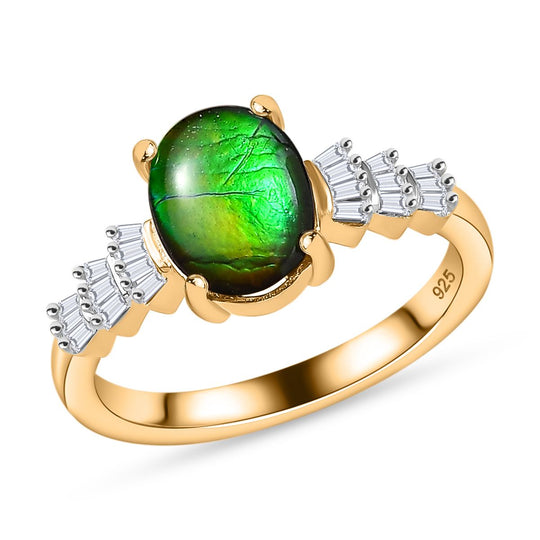Ammolit, Weißer Diamant Ring 925 Silber 750 Gelbgold Vermeil (Größe 20.00) ca. 1,82 ct