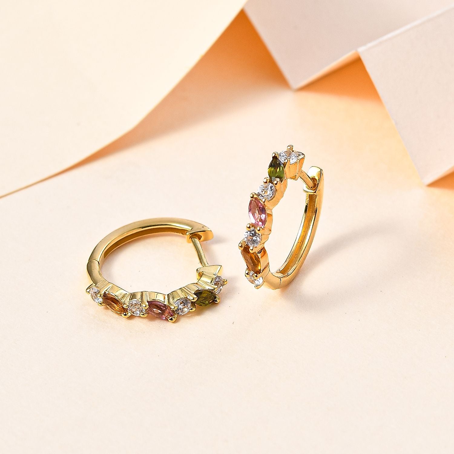 AA Mehrfarbig-Turmalin, Weißer Zirkon Ohrringe 925 Silber 750 Gelbgold Vermeil ca. 1,06 ct.