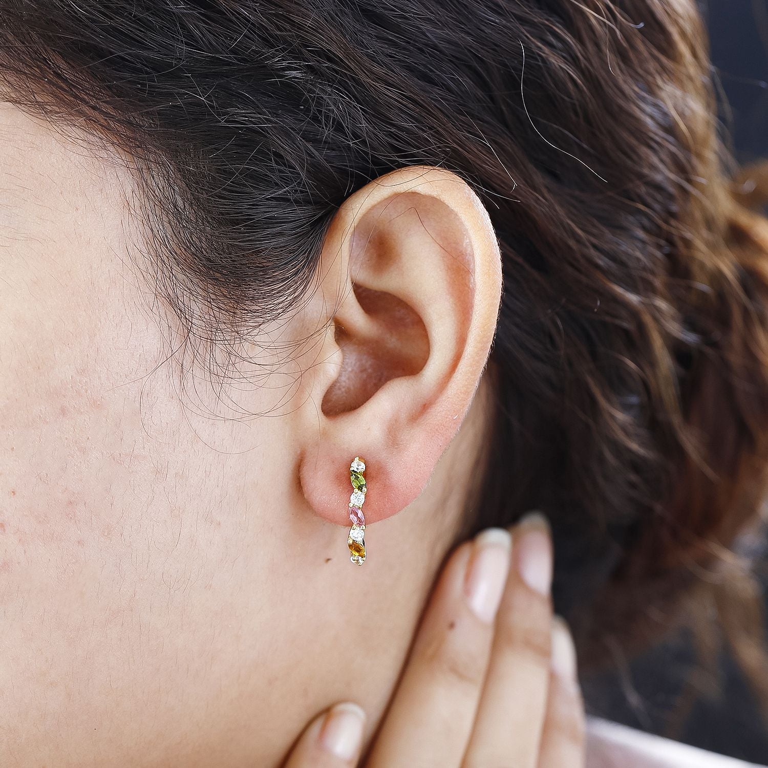 AA Mehrfarbig-Turmalin, Weißer Zirkon Ohrringe 925 Silber 750 Gelbgold Vermeil ca. 1,06 ct.