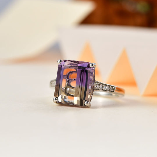 AAA Bolivian Ametrine, Weißer Zirkon Ring, 925 Silber platiniert (Größe 16.00) ca. 6.20 ct