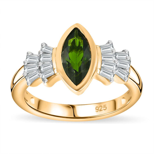 Natürlicher Chromdiopsid, Weißer Zirkon Ring 925 Silber 750 Gelbgold Vermeil (Größe 20.00) ca. 1,61 ct