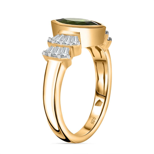 Natürlicher Chromdiopsid, Weißer Zirkon Ring 925 Silber 750 Gelbgold Vermeil (Größe 20.00) ca. 1,61 ct