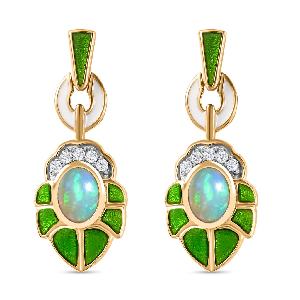 AA Natürlicher, äthiopischer Welo Opal, Weißer Zirkon Ohrringe 925 Silber 750 Gelbgold Vermeil ca. 1.24 ct