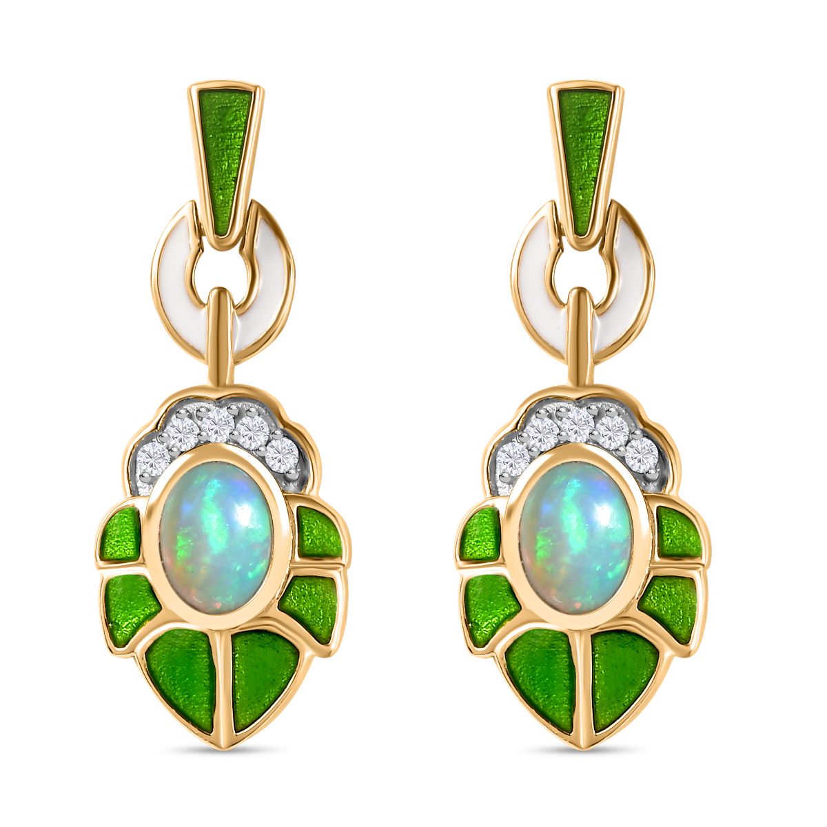 AA Natürlicher, äthiopischer Welo Opal, Weißer Zirkon Ohrringe 925 Silber 750 Gelbgold Vermeil ca. 1.24 ct